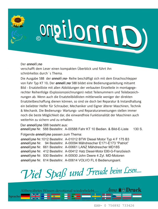 FAHR Einachsschlepper Typ KT 10 Bedienungsanleitung & Bild- Ersatzteilliste & Explosionszeichnungen - annoligno 588